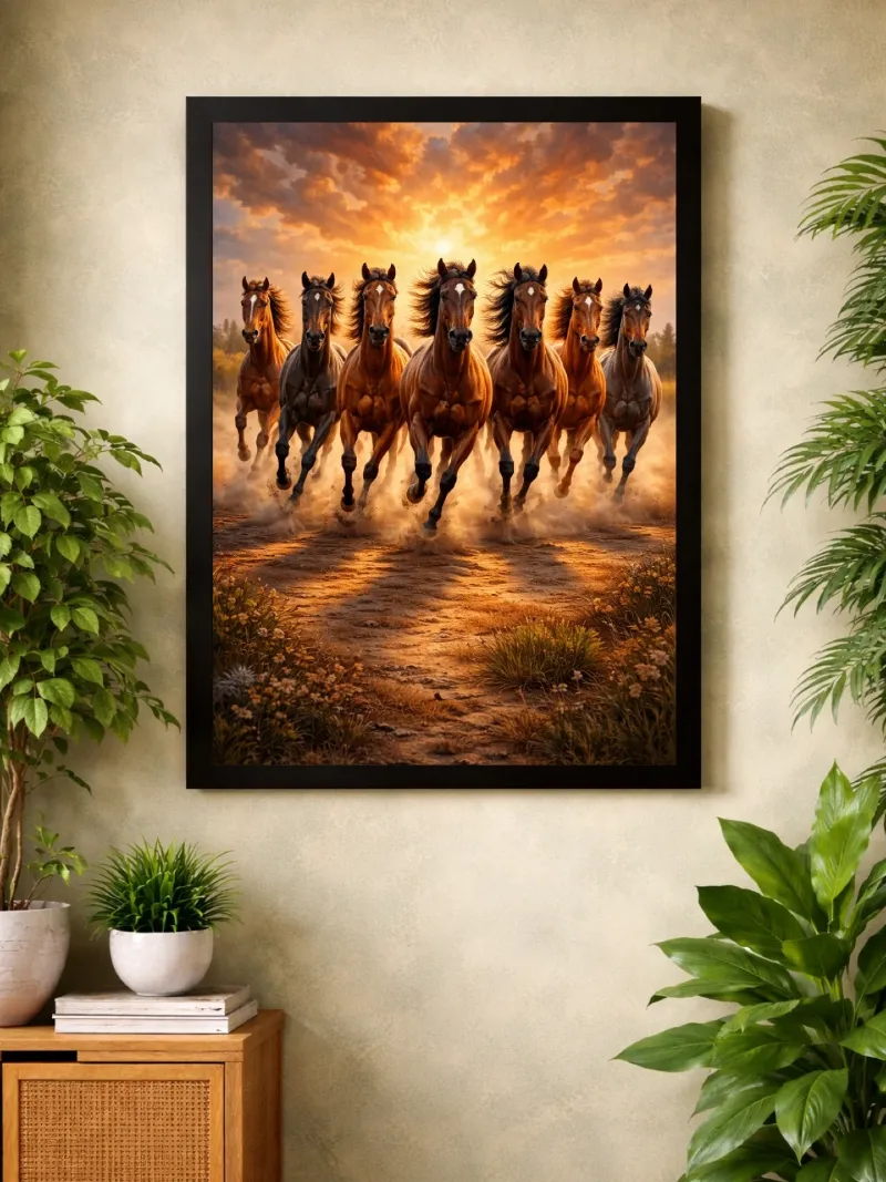 Sun-Drenched Charging Herd Print with Bold Black Frame and Lush Green Accent Plants