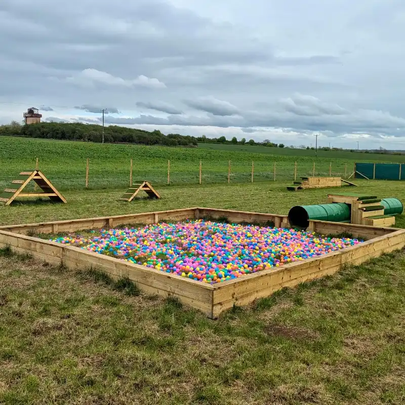 Sunken Timber Ball Pit with Agility A-Frames and Play Tunnels