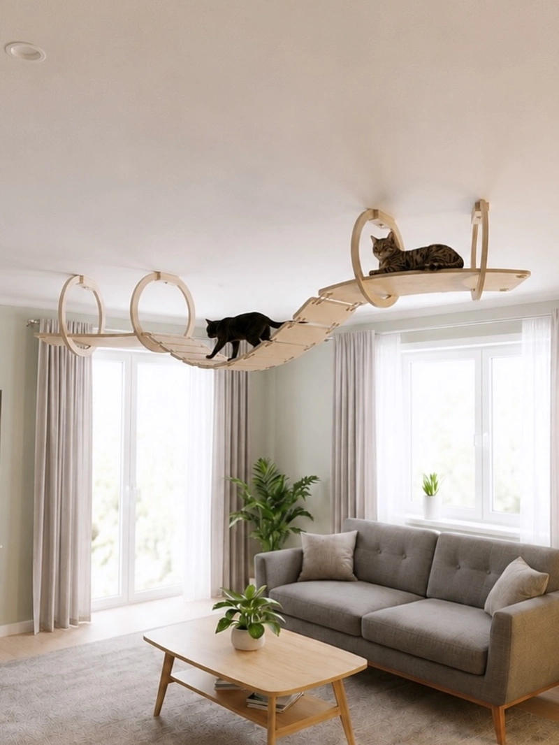 Suspended Wooden Cat Bridge Walkway with Modern Grey Sofa and Oak Coffee Table