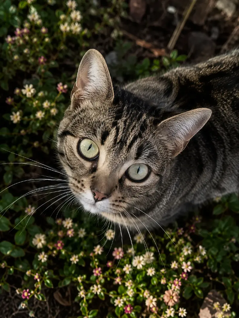 Tabby Cat Nestled in Tiny Garden Blooms