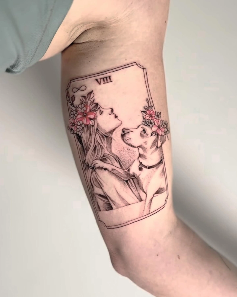 Tarot card portrait of a dog mom and her companion