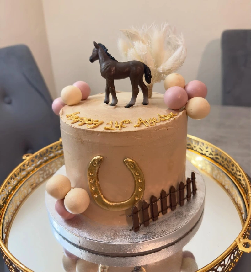 Taupe Milestone Cake with Golden Horseshoe and Matte Balloon Clusters