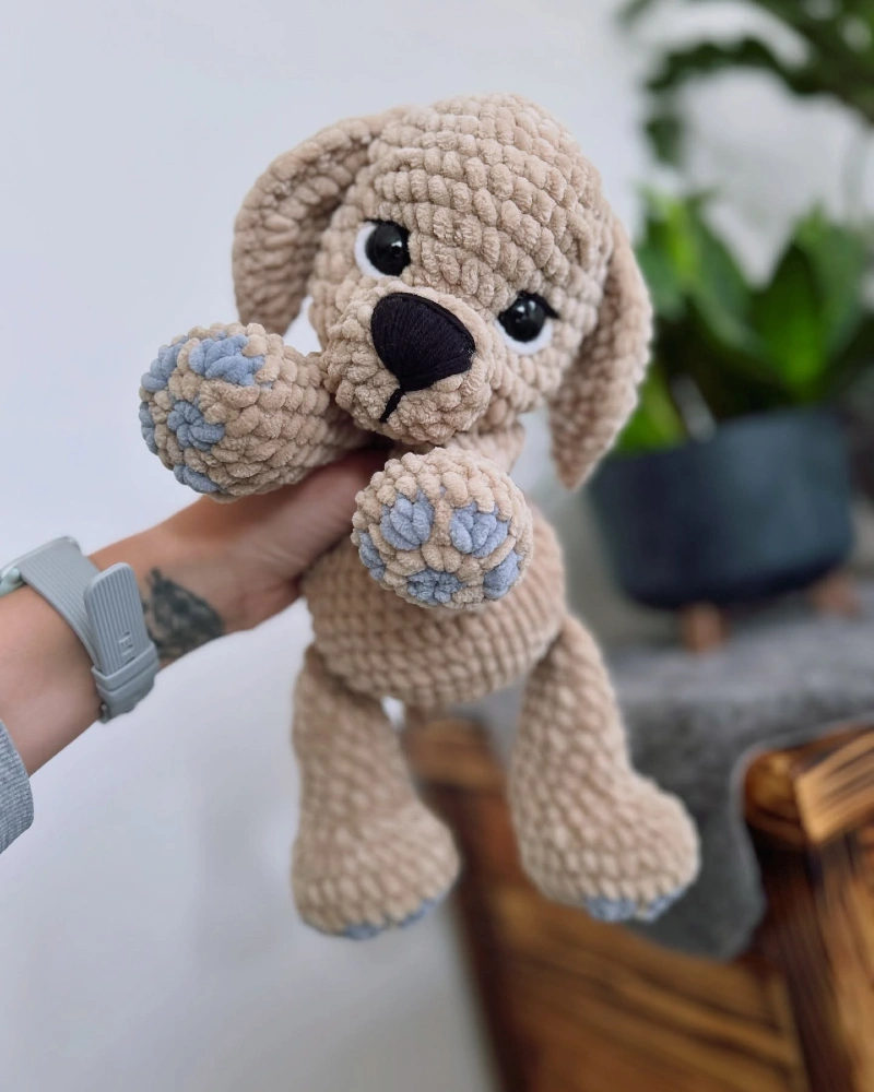 Taupe Plush Puppy with Soft Blue Paw Pad Embroidery