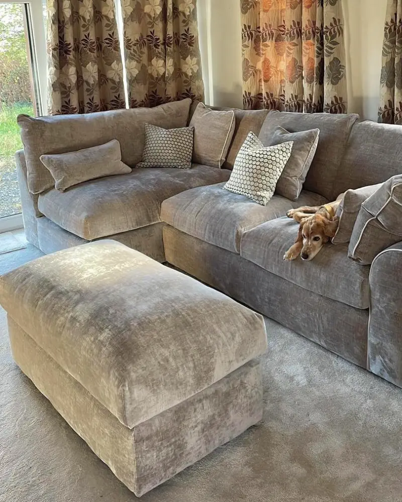 Taupe Velvet Sectional with Matching Oversized Ottoman and Honeycomb Patterned Pillows