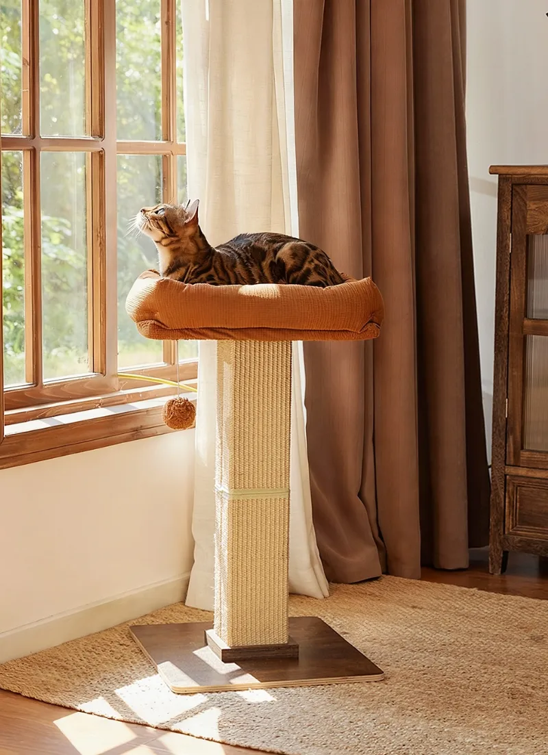 Terracotta Corduroy Perch with Woven Sisal Pillar on Jute Rug