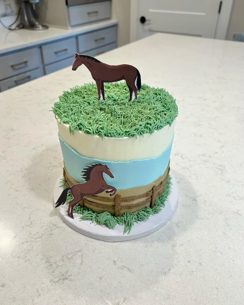 Three-Tone Pasture Cake with Piped Grass and Jumping Stallion Cutouts