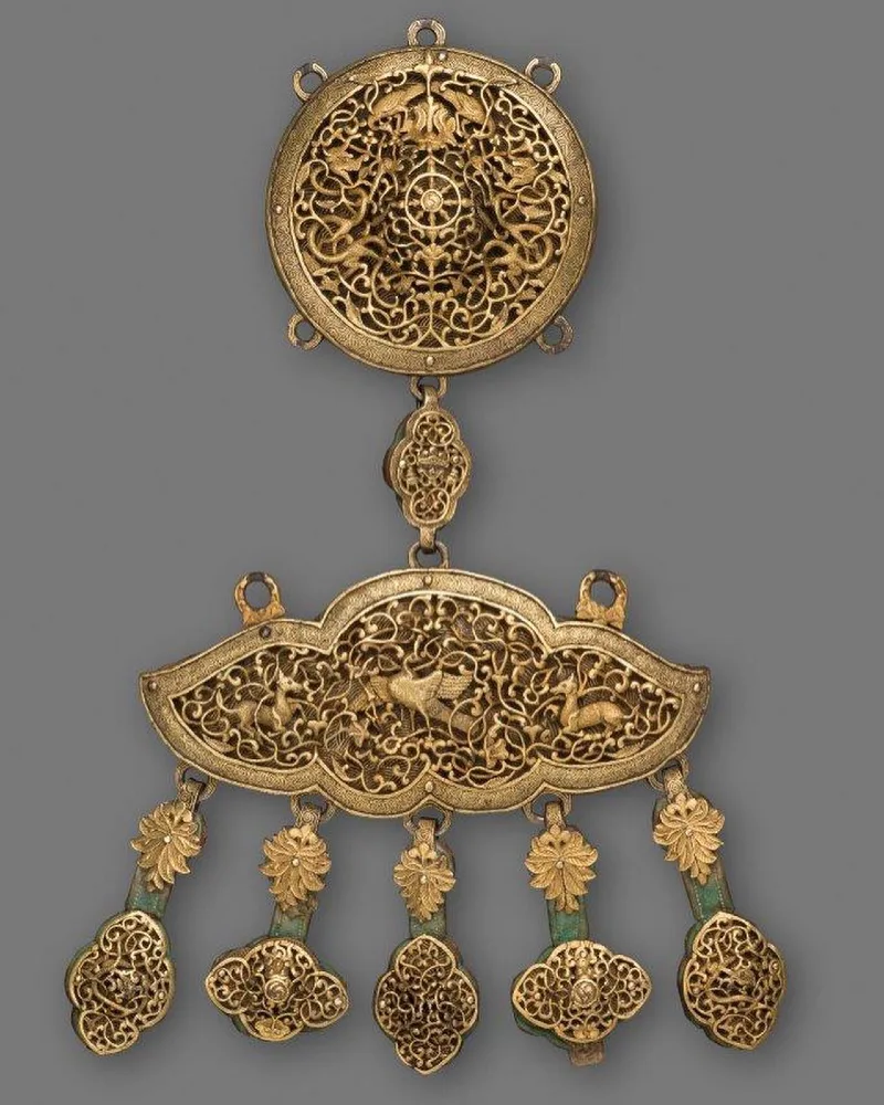 Tiered Filigree Gilded Pendant with Cloud Bar and Hanging Drops