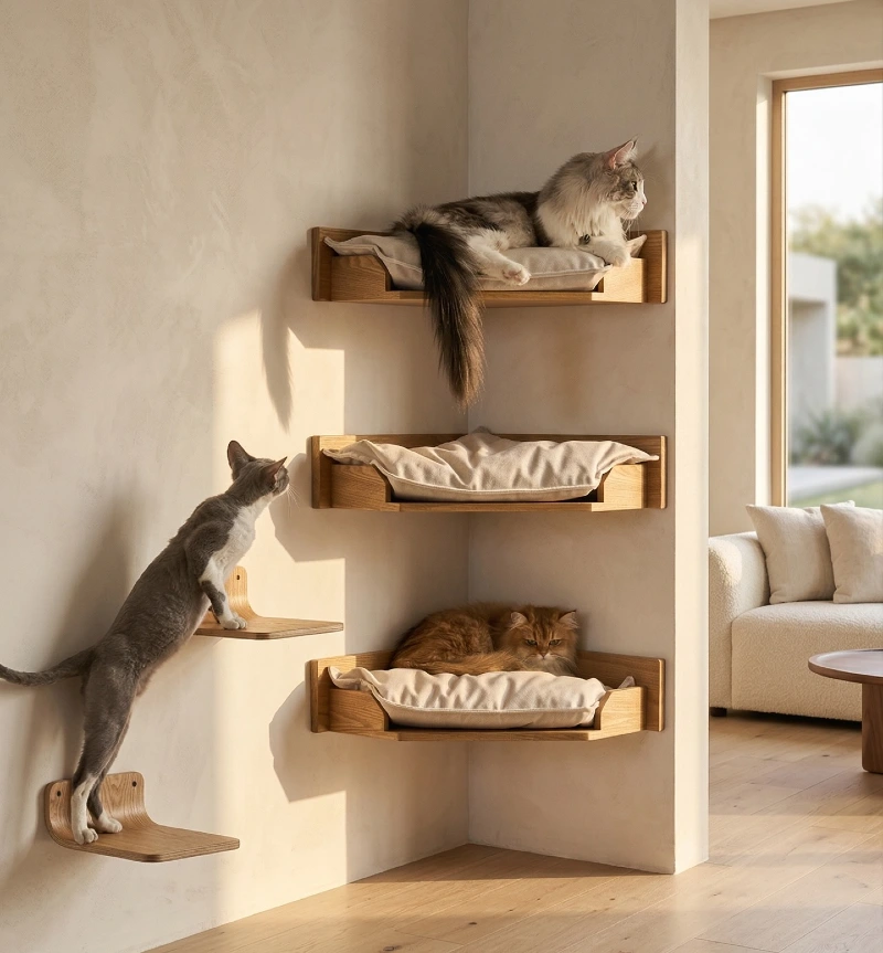 Tiered Oak Corner Beds with Linen Cushions and Floating Steps