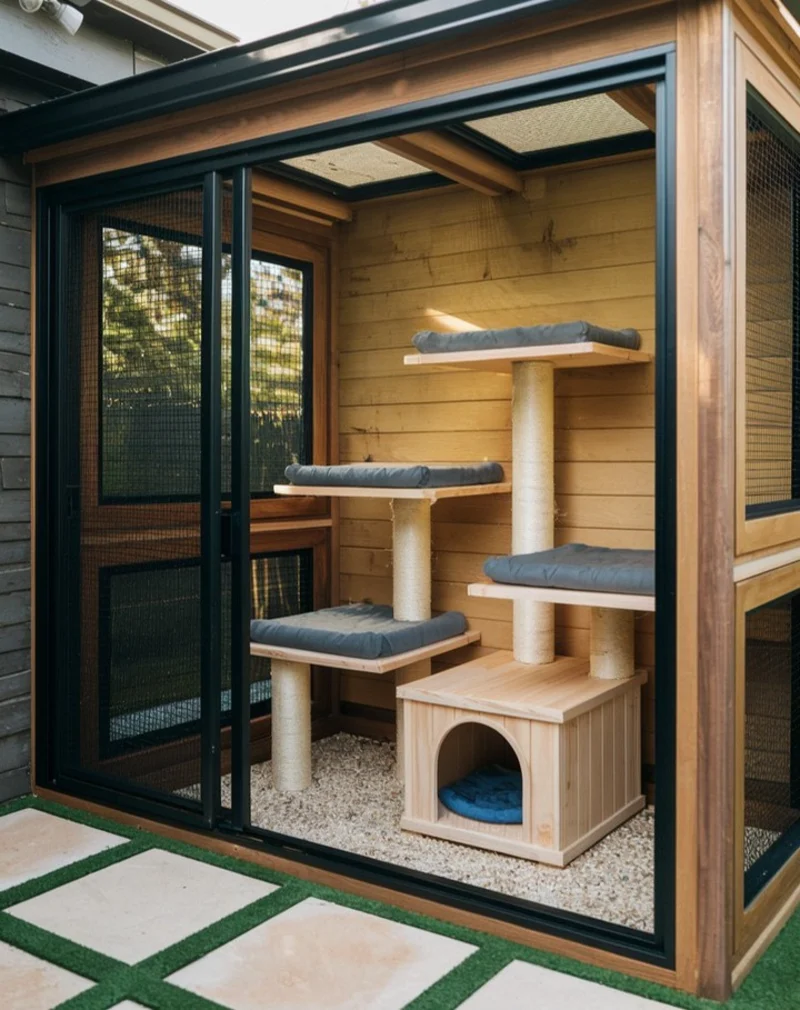 Timber-Framed Backyard Catio with Black Sliding Screen Doors and Pebble Flooring