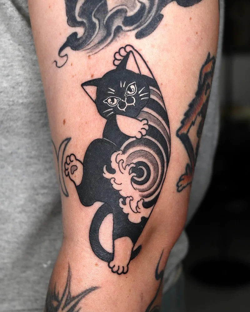 Traditional Japanese Irezumi Style Black Cat with Swirling Waves