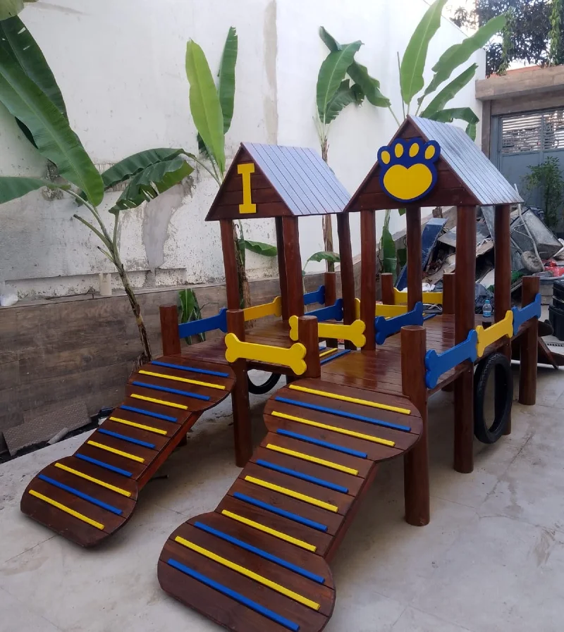 Twin Wooden Playhouse Forts with Dual Clamber Ramps