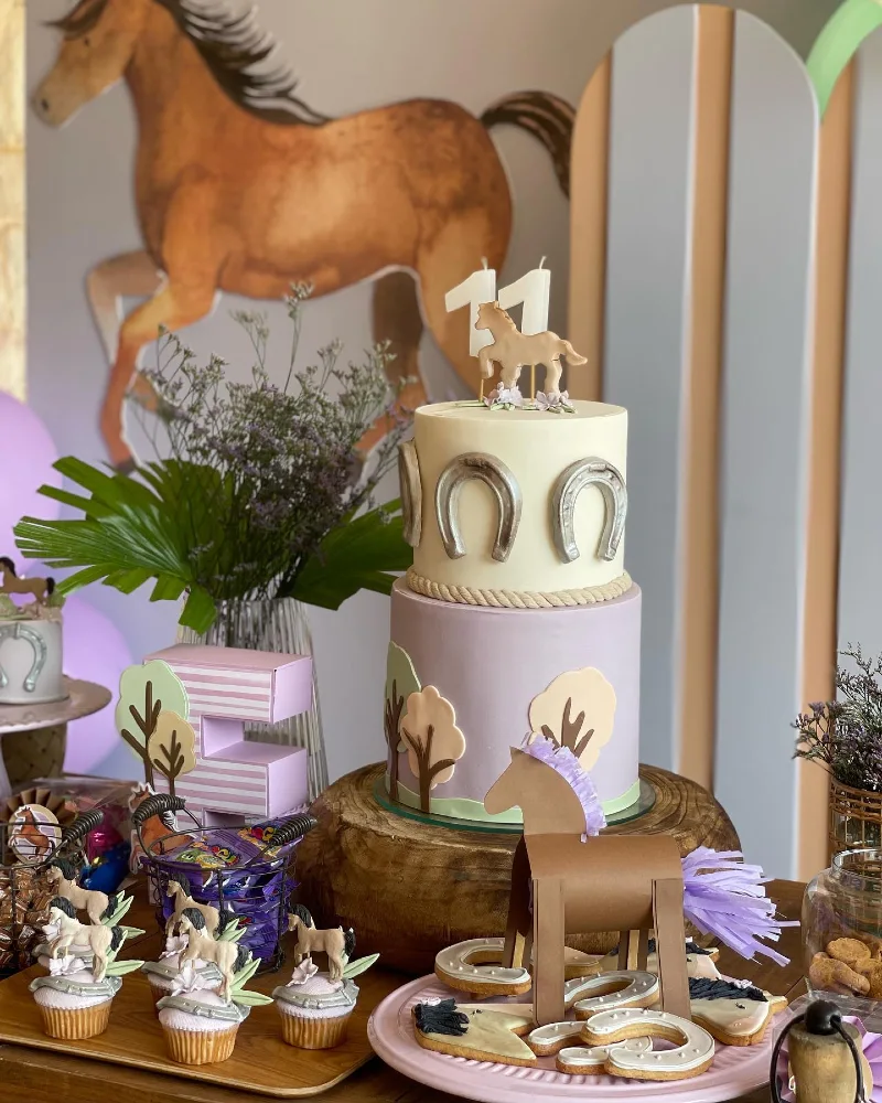 Two-Tier Horseshoe Cake with Pastel Lavender Fondant and Paper Horse Accents