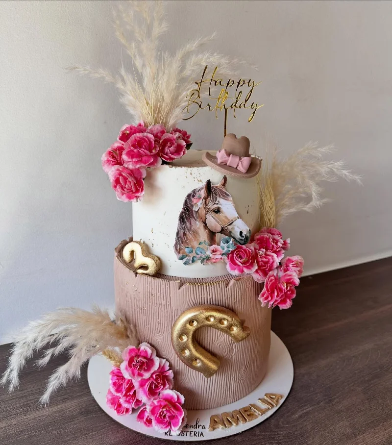 Two-Tier Western Chic Cake with Woodgrain Texture and Vibrant Florals