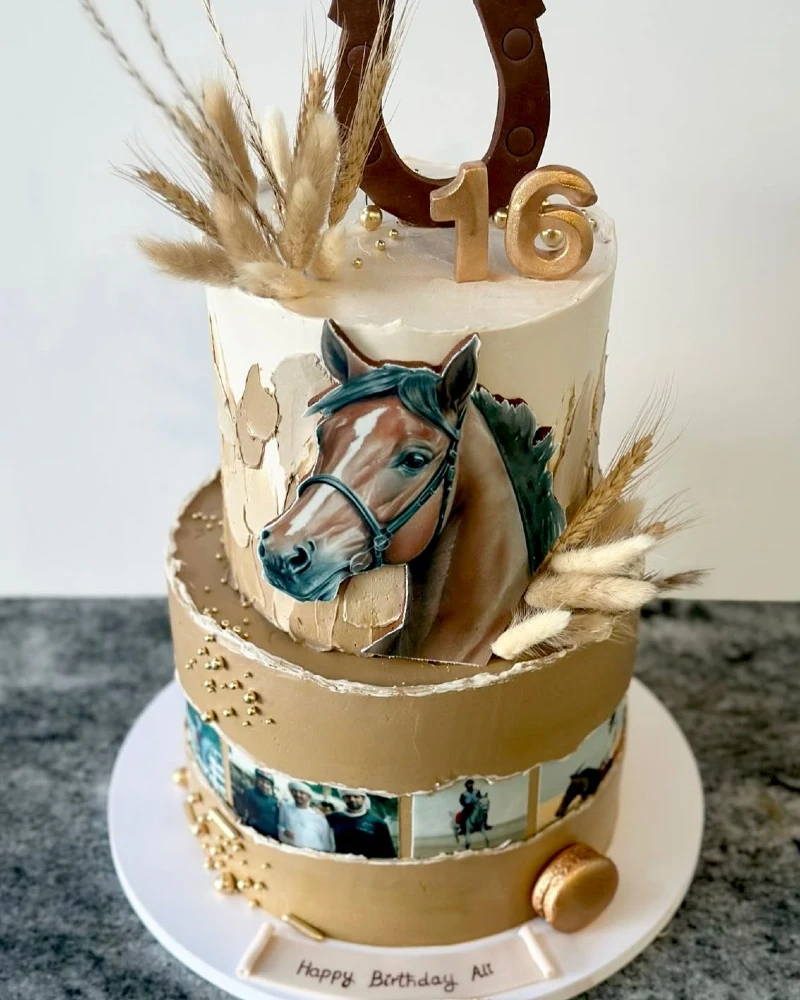Two-Tiered Painted Portrait Cake with Photographic Film Strip and Pampas Grass