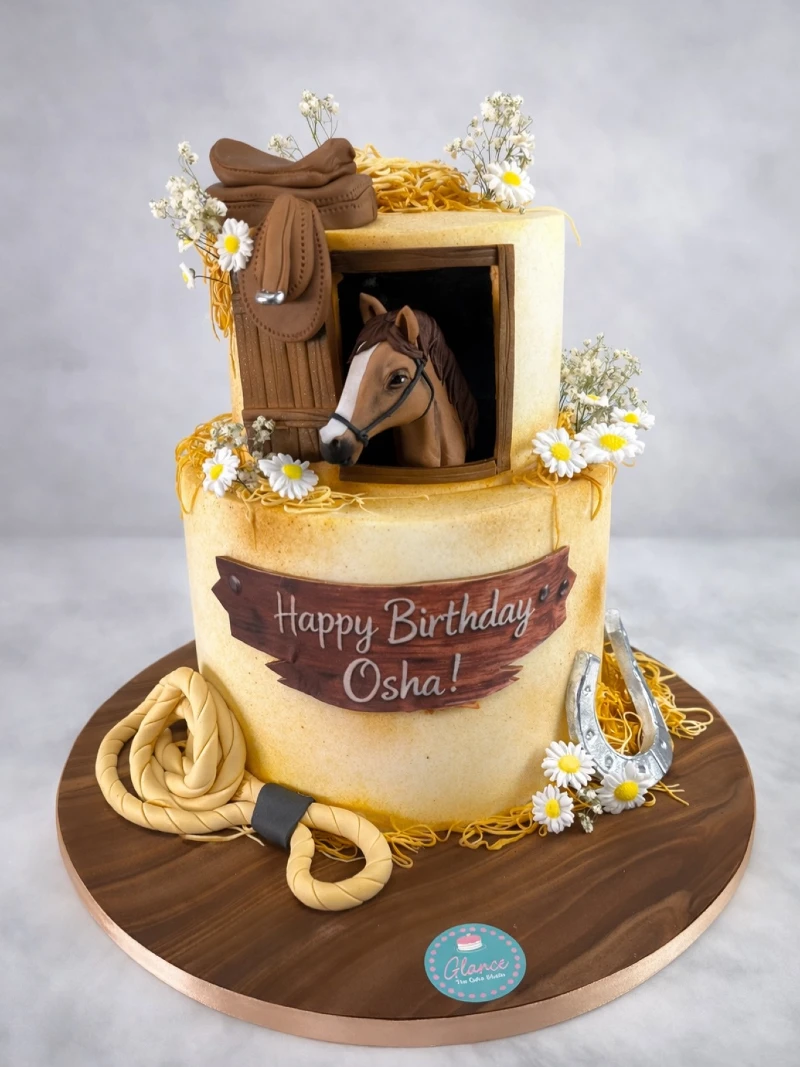 Two-Tiered Stable Window Cake with Fondant Saddle and Lasso