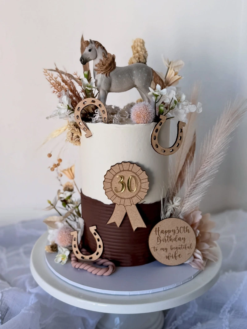 Two-Tone Chocolate and Cream Cake with Laser-Cut Wood Accents and Dappled Grey Topper