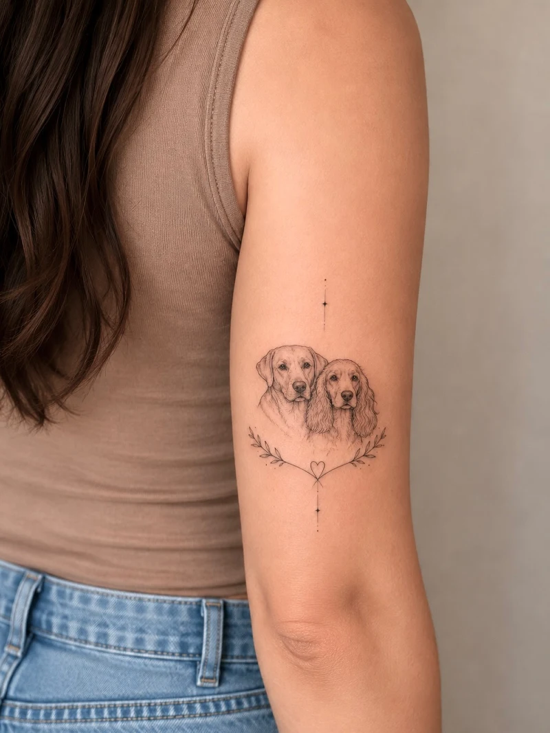 Two dog portraits framed with leafy branches and a heart