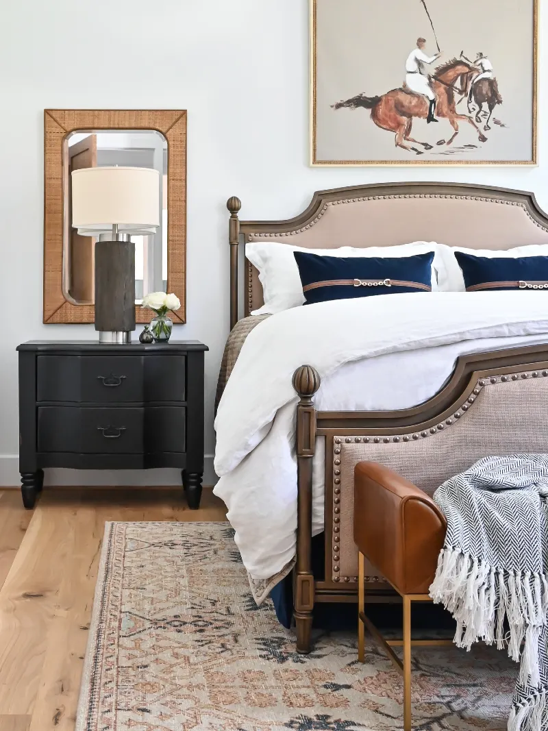 Upholstered Bed with Nailhead Trim, Polo Painting, and Bit-Detail Pillows