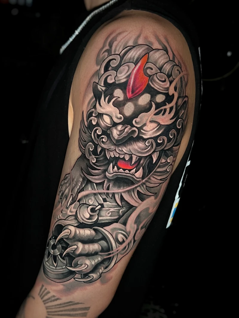 Upper Arm Foo Dog with Crimson Flame Gem and Glowing Mouth
