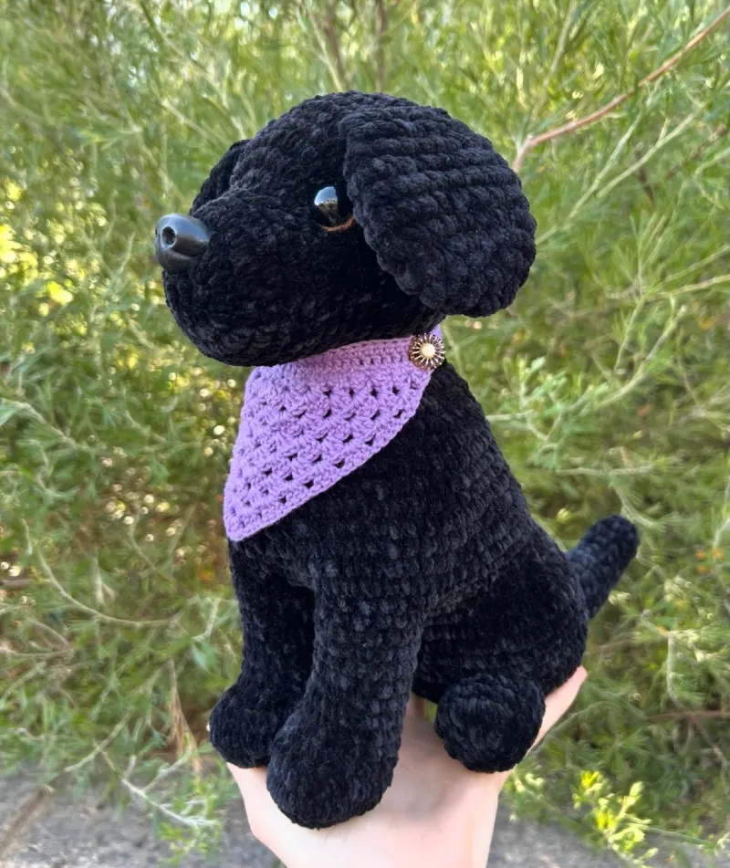 Velvet Black Labrador Figure with Lavender Bandana Accent