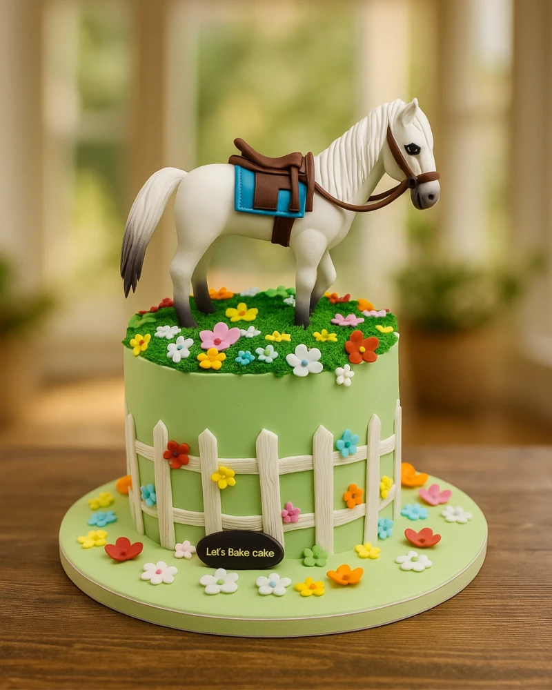 Vibrant Meadow Cake with White Picket Fence and Saddled White Horse Topper