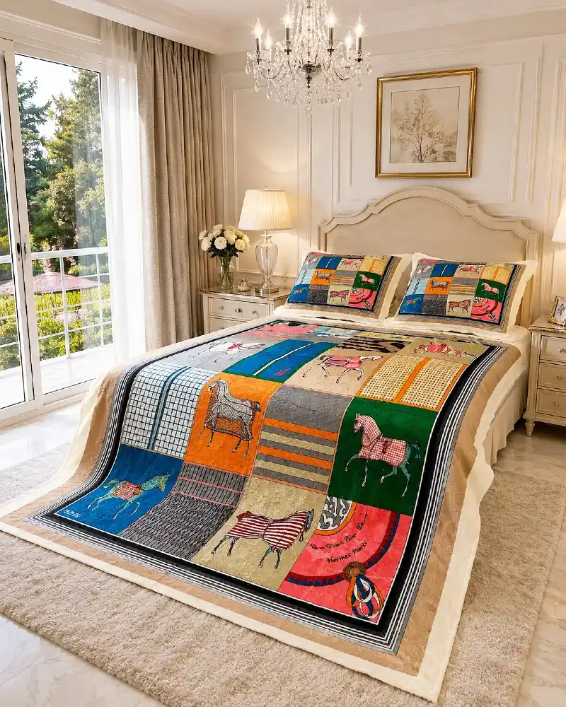 Vibrant Scarf-Print Patchwork Quilt with Crystal Chandelier and Molded Cream Walls