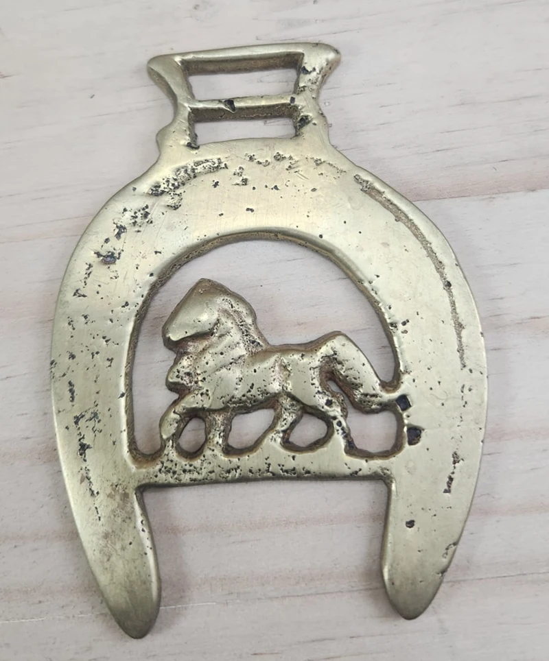 Vintage Brass Horseshoe Medallion with Trotting Horse Cutout