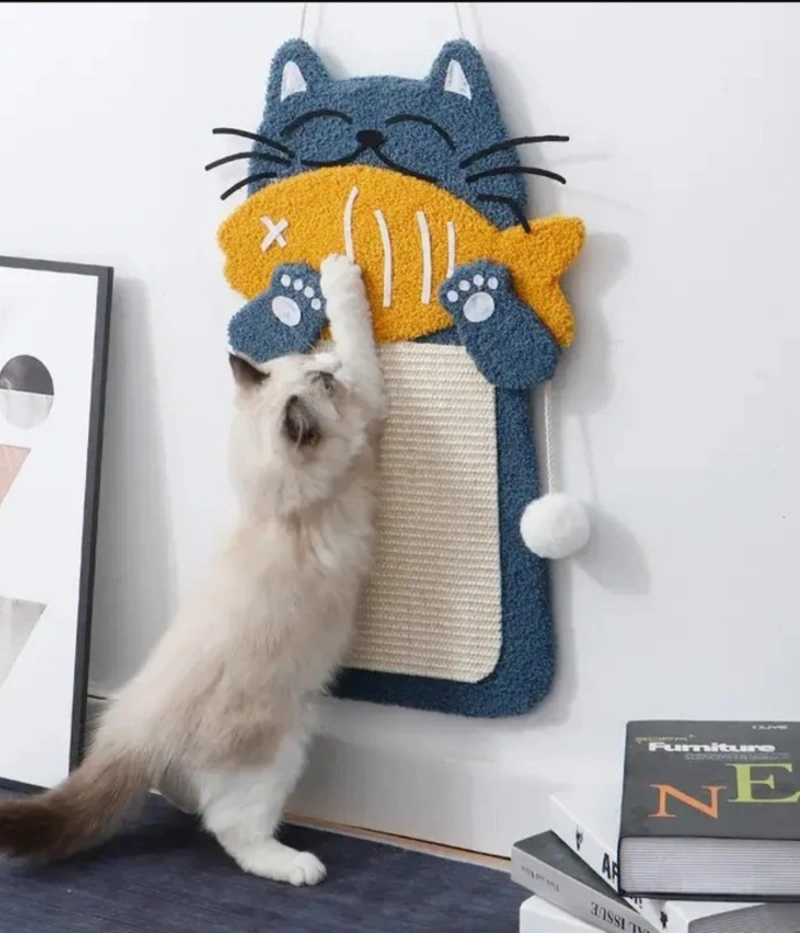 Wall-Hung Blue Cat Tufted Mat with Yellow Fish and Sisal Center