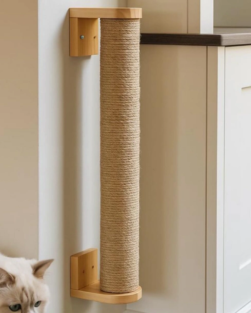 Wall-Mounted Wooden Sisal Pillar Beside Kitchen Cabinetry