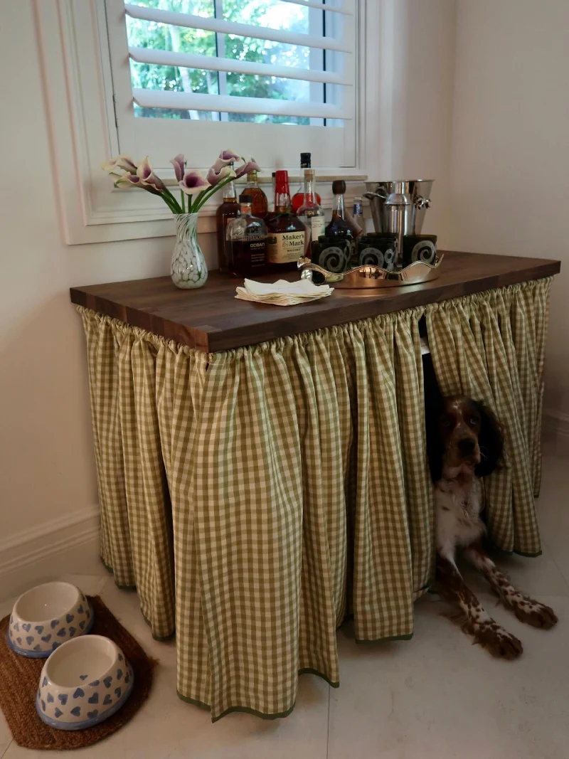 Walnut Bar Table Crate with Gathered Gingham Skirt and Ceramic Food Bowls