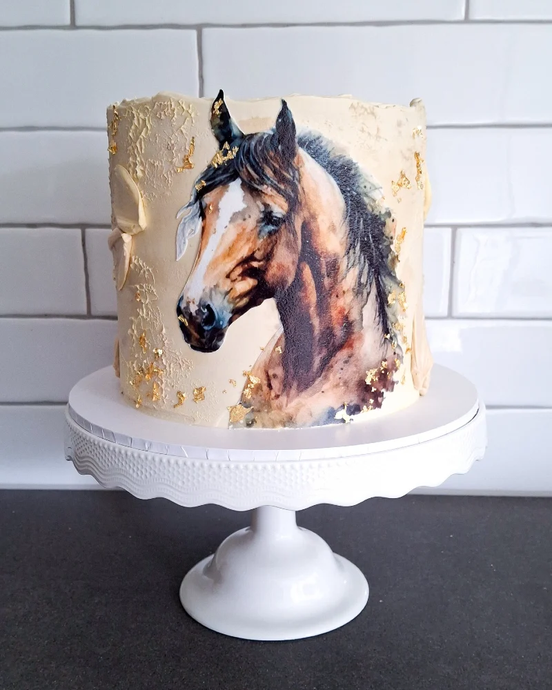 Watercolor Painted Horse Portrait Cake with Delicate Gold Leaf