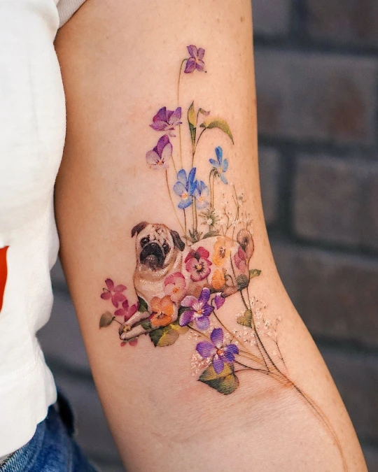 Watercolor Pug Portrait Blended With Bright Spring Wildflowers