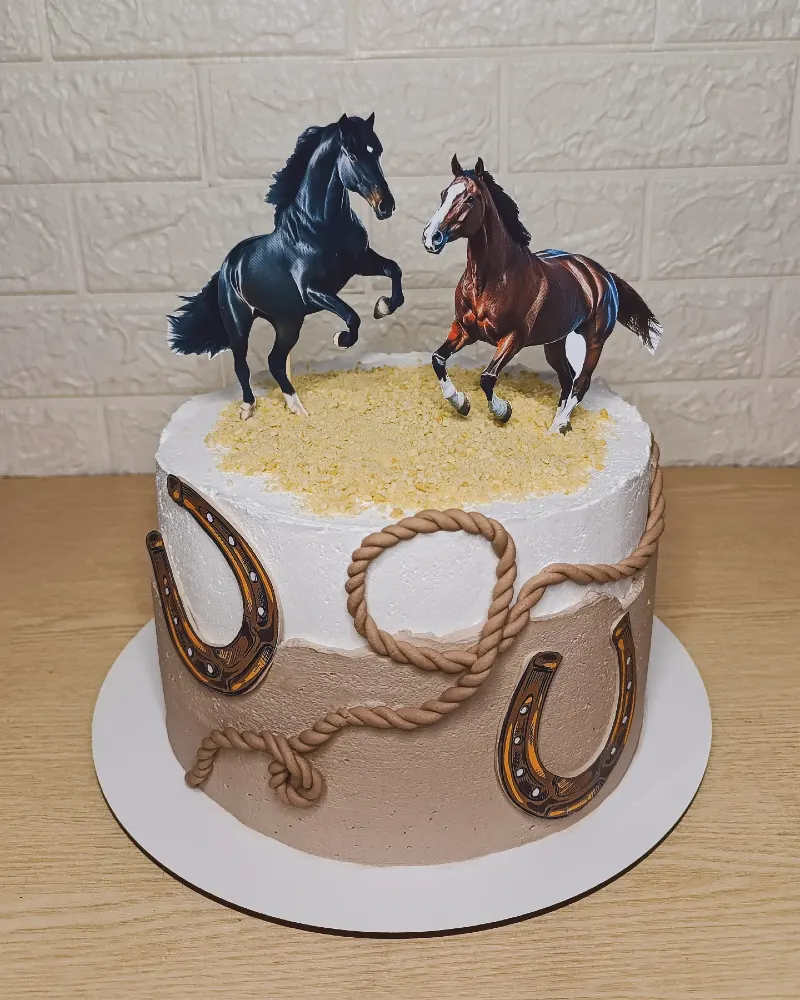 Western-Themed Layer Cake with Piped Lariat Rope and Galloping Steeds