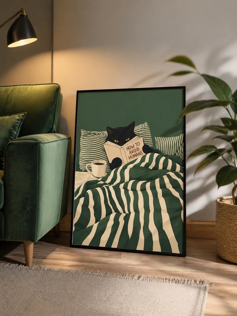 Whimsical Black Cat Art Print Leaning by a Green Velvet Sofa