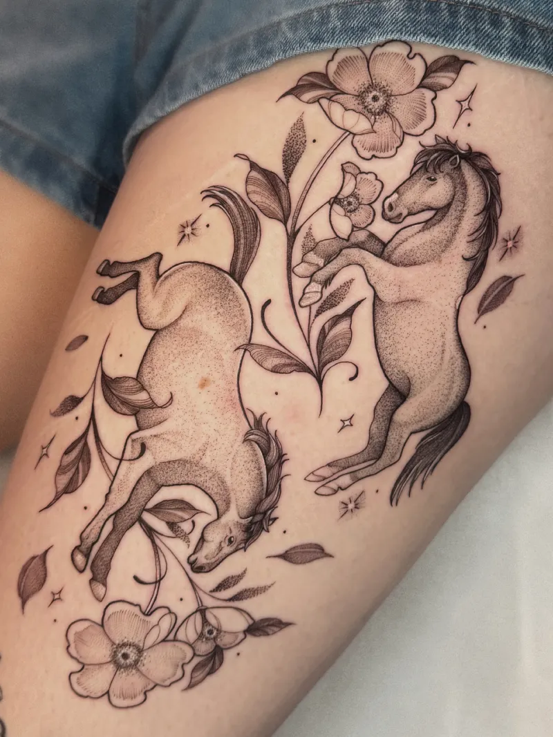 Whimsical Dual-Horse Illustration with Arching Wildflowers and Starbursts
