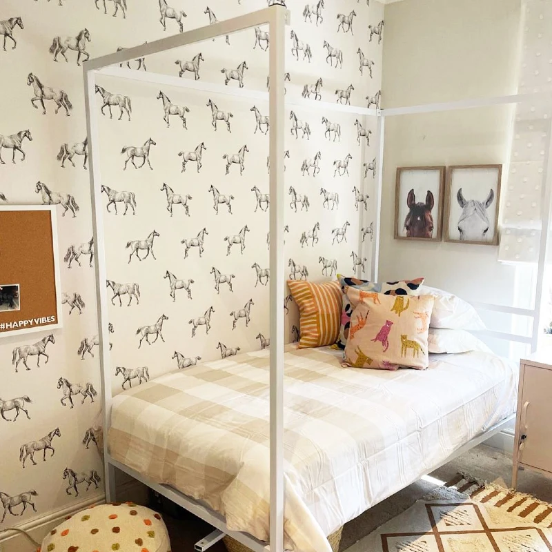 White Canopy Bed Frame with Sketch-Style Horse Wallpaper