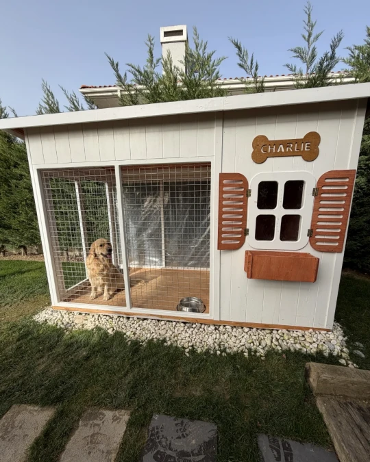 White Cottage Dog Kennel With Window Shutters
