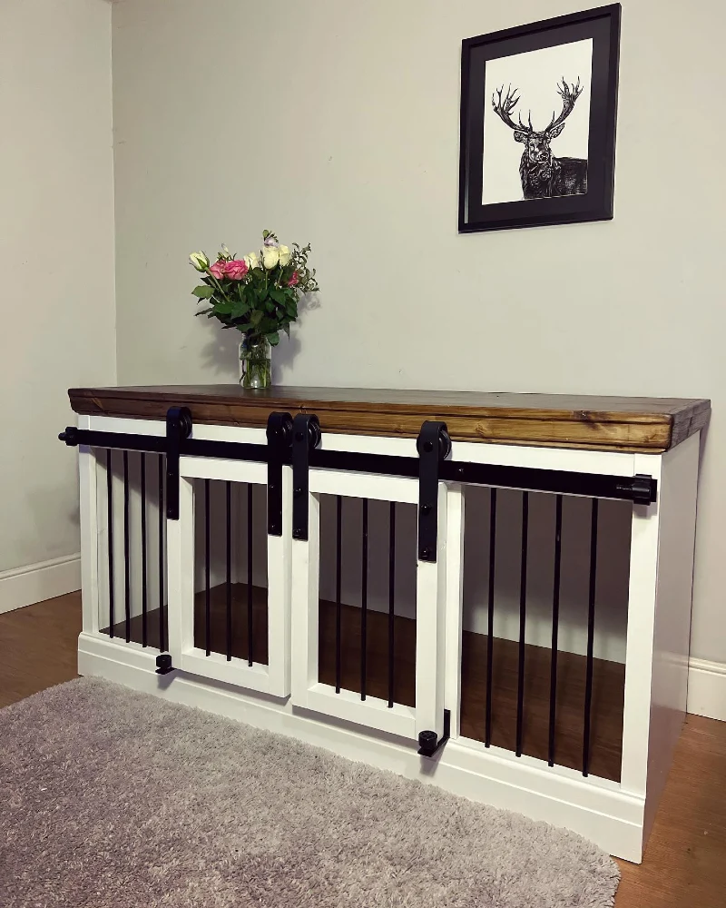 White Credenza Crate with Sliding Barn Doors and Stained Wood Top