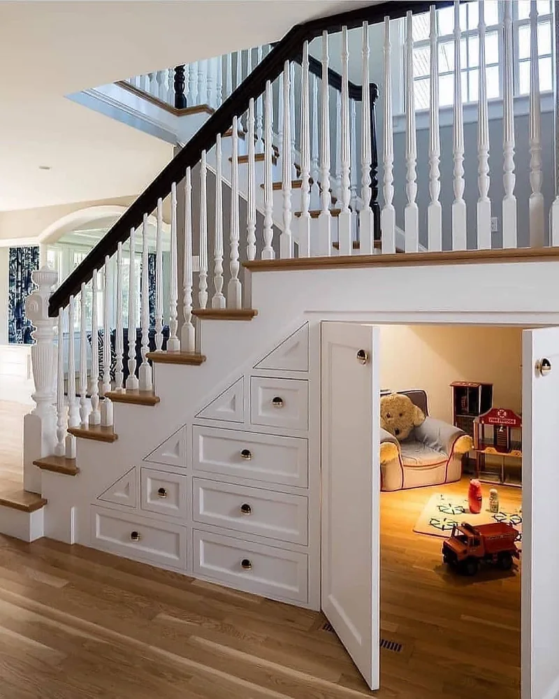 White Double-Door Walk-In Under-Stairs Suite with Built-In Storage Drawers