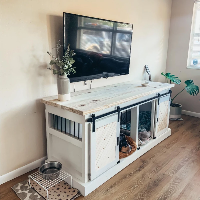 White Farmhouse Media Console Crate with Sliding Barn Doors
