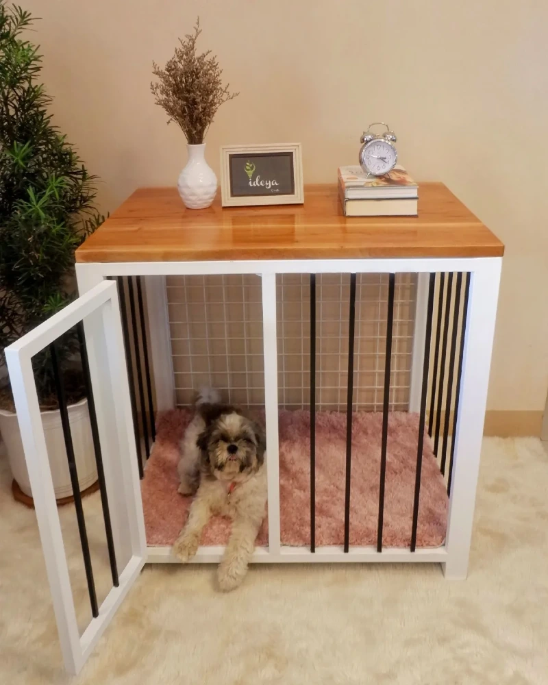 White Framed Crate Table with Honey Oak Top and Pink Shag Bedting