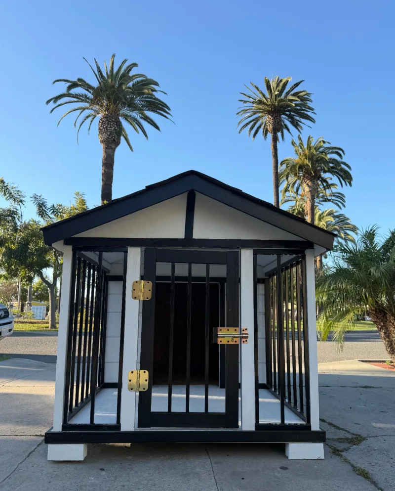 White Gable Pavilion with Black Security Bars and Brass Latches