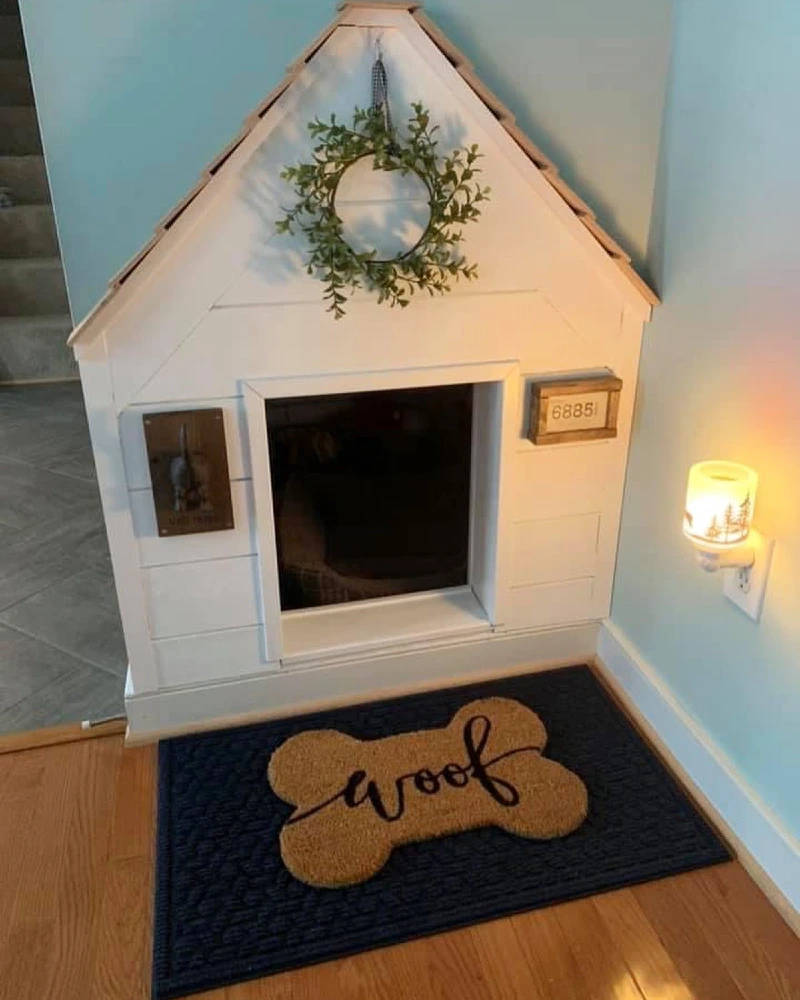 White Shiplap Cottage Nook with Faux Roof and Bone Doormat