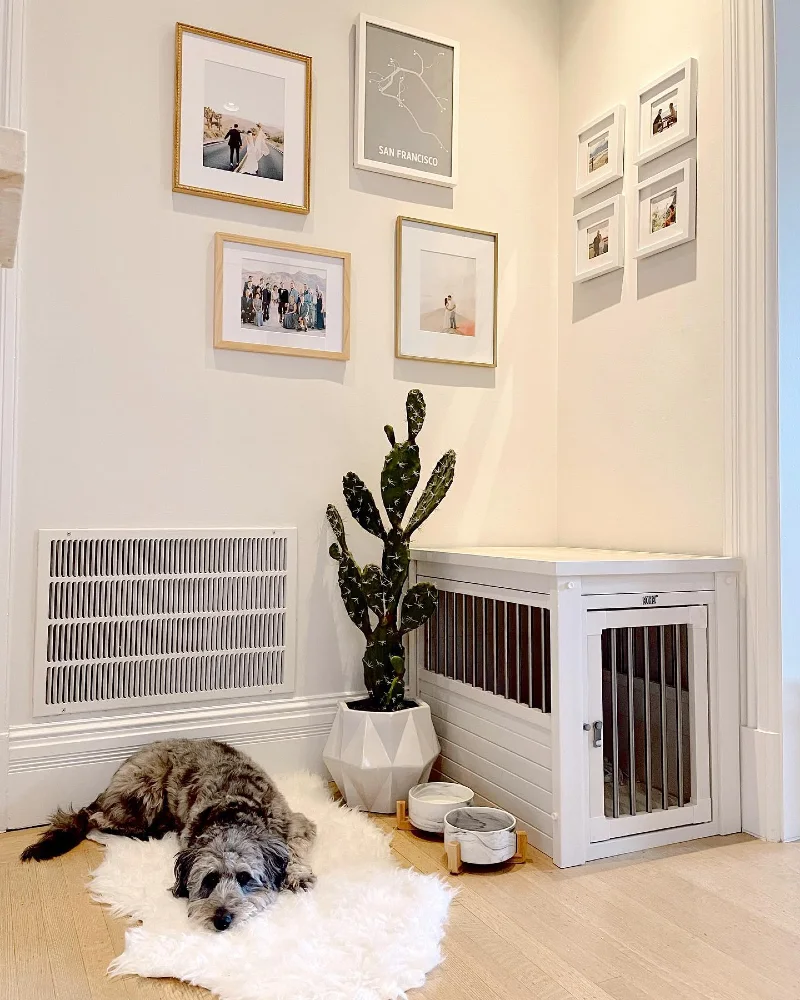 White Wooden Crate Furniture with Plush Faux Fur Rug and Minimalist Gallery Wall
