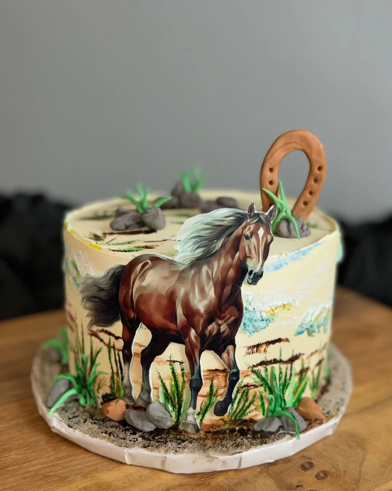 Wild Stallion Meadow Cake with Painted Scenery and Fondant Rocks