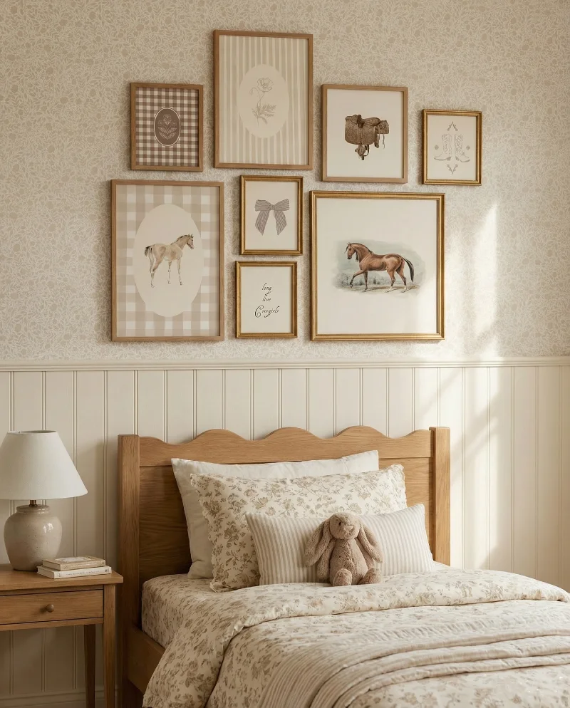 Wood-Framed Equestrian Gallery Wall with Neutral Gingham and Botanical Wallpaper