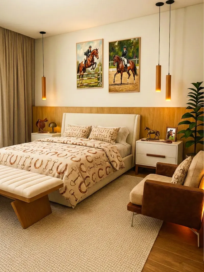 Wood-Paneled Backboard Wall with Slender Cylindrical Pendants, Horseback Art, and Horseshoe Bedding