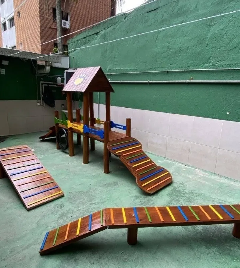 Wooden Agility Ramps with Rainbow Grips and Covered Playhouse