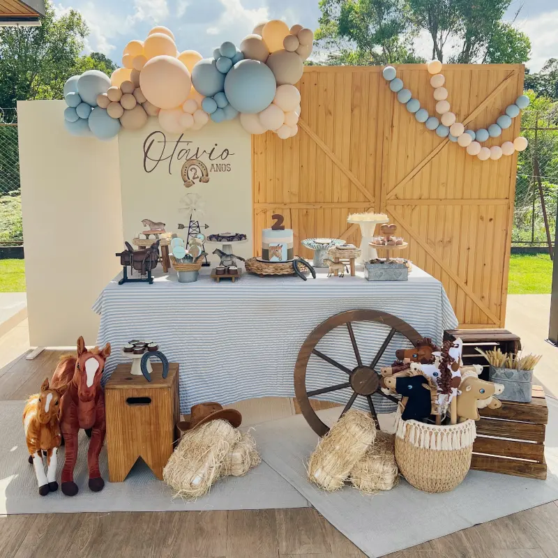 Wooden Barn Door Backdrop with Blue Striped Tablecloth and Plush Stick Horses