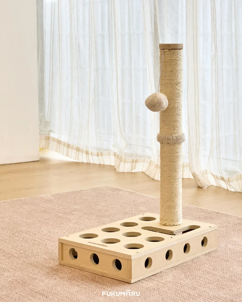 Wooden Puzzle Box Base with Slender Sisal Scratching Post